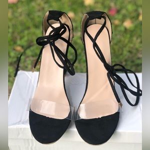 Black lace up heels with clear strap and block heel
